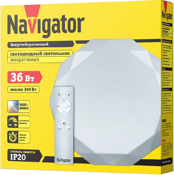 Светильник светодиодный 61 660 NBL-RC01-36-MK-IP20-LED 36Вт IP20 2400лм с пультом ДУ алмаз Navigator 61660