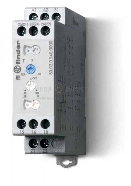 Таймер модульный мультифункциональный (AI DI SW BE CE DE WD) 24-240В AC/DC 2CO 12А 22.5мм регулировка времени 0.05с-10дней IP20 версия для ЖД-транспорта FINDER 830202400000T