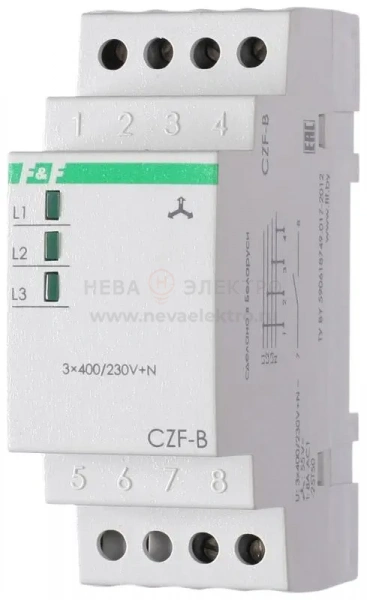 Реле контроля фаз CZF-B (3х400/230+N 8А 1перекл. IP20 монтаж на DIN-рейке) F&F EA04.001.002