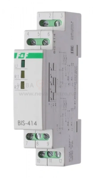 Реле импульсное BIS-414 (управление двумя нагрузками; монтаж на DIN-рейке 230В 2х8А 2х1Z IP20) F&F EA01.005.005