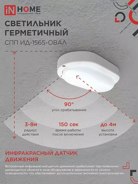Светильник светодиодный СПП ИД-1565-ОВАЛ 15Вт 6500К IP65 1350лм 160х88мм герметичный с инфракрасным датчиком IN HOME 4690612044088