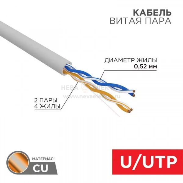 Кабель витая пара U/UTP кат.5e 2х2х24AWG LSZH нг(А)-HF INDOOR SOLID сер. (305м) PRO Rexant 02-0002