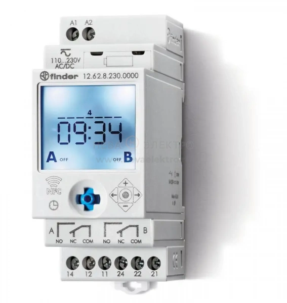 Реле времени цифровое недельное 16А 110…230В AC/DC 1CO NFC 35мм IP20 монтаж на рейку 35мм FINDER 126282300000