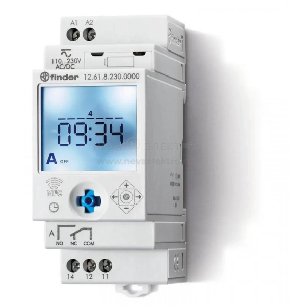 Реле времени цифровое недельное 16А 110…230В AC/DC 1CO NFC 35мм IP20 монтаж на рейку 35мм FINDER 126182300000
