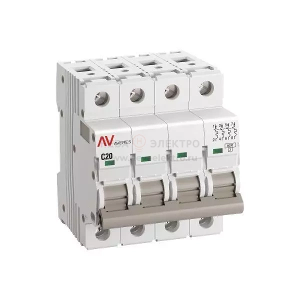 Выключатель автоматический модульный 4п C 20А 6кА AV-6 AVERES EKF mcb6-4-20C-av