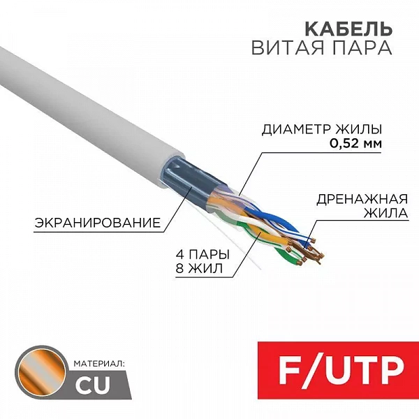 Кабель витая пара F/UTP кат.5E 4х2х0.52 24AWG solid PVC INDOOR сер. (305м) (м) PRO Rexant 02-0025