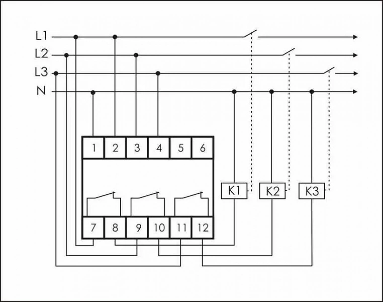 Реле напряжения CP-733 (трехфазное; контроль нижнего (150-210В) и верхнего (240-270В) порога напряжения; отдельный контакт на каждую фазу; монтаж на DIN-рейке 35мм 3х400/230 N 3х8А 3х1Z IP20) F&F EA04.009.006