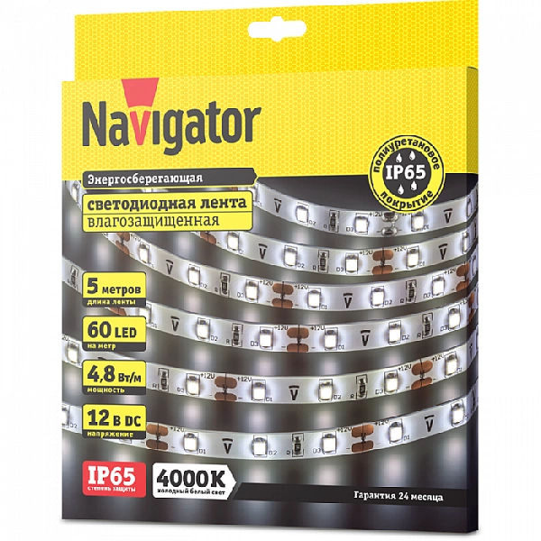 Лента светодиодная 71 401 NLS-3528W60-4.8 IP65 12B R5 4.8Вт/м (уп.5м) Navigator 71401