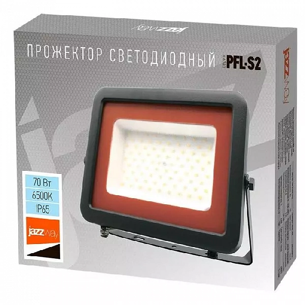 Прожектор светодиодный PFL-S2 70Вт 6500К IP65 220–240В ДО с клапаном закален. матов. стекло сер. JazzWay 2853318D