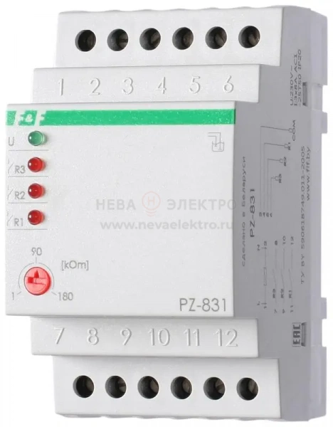 Реле уровня жидкости PZ-831 (без датчиков; трехуровн.; независим. контроль по каждому уровню; 3 модуля; монтаж на DIN-рейке) F&F EA08.001.011