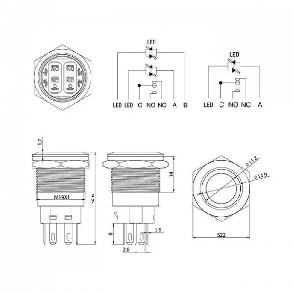 Кнопка антивандальная O19 250В Фикс (5с) ON-OFF/OFF-ON подсв. син. Rexant 36-3441