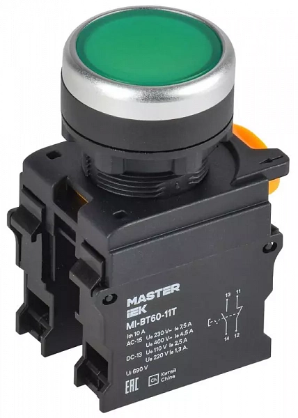 Кнопка d22мм 1НО+1НЗ MASTER с фиксацией зел. IEK MI-BT60-11T-3-21-K06