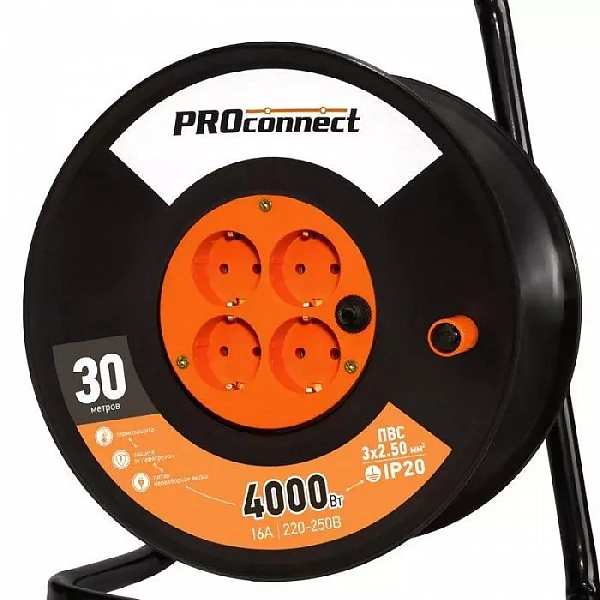 Удлинитель на катушке 4х30м с заземл. 16А IP20 Professional ПВС 3х2.5 PROCONNECT 11-7613