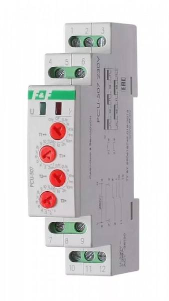 Реле времени PCU-507 2х8А 230В 2перекл. IP20 многофункц. 2 независимых времен. 1мод. монтаж на DIN-рейке F&F EA02.001.022