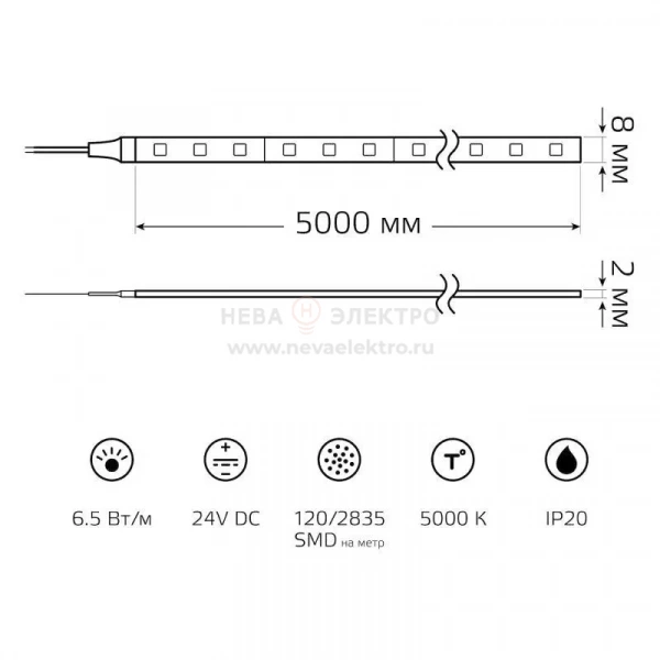 Лента светодиодная Black 2835/120-SMD 6.5Вт/м 5000К холод. бел. IP20 600лм/м 24В (блист.5м) GAUSS 312000265