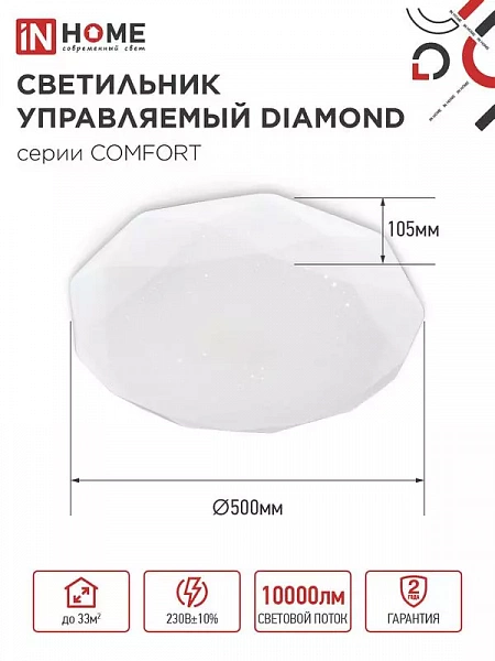 Светильник светодиодный COMFORT DIAMOND 125Вт 3000-6500К 10000лм 230В 500х105мм с пультом ДУ IN HOME 4690612059488