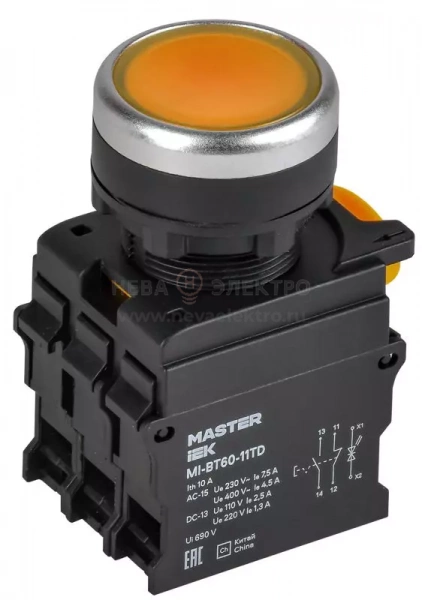 Кнопка d22мм 1НО+1НЗ MASTER с подсветкой и фиксацией желт. IEK MI-BT60-11TD-3-11-K05