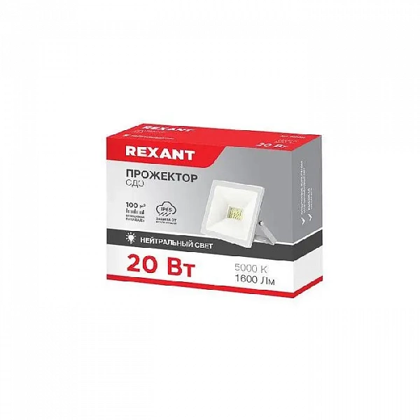 Прожектор СДО 20Вт 1600лм 5000К бел. корпус Rexant 605-024