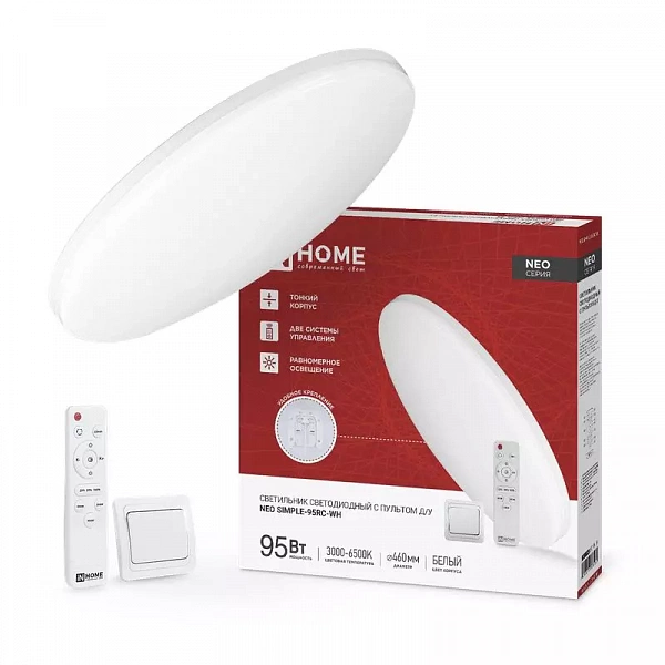 Светильник светодиодный NEO SIMPLE-95RC-WH 95Вт 3000-6500К 7600лм 230В 460х67мм с пультом ДУ бел. IN HOME 4690612060897
