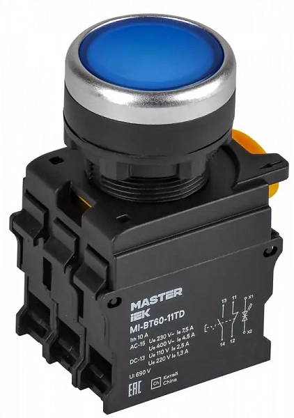 Кнопка d22мм 1НО+1НЗ MASTER с подсветкой и фиксацией син. IEK MI-BT60-11TD-3-11-K07