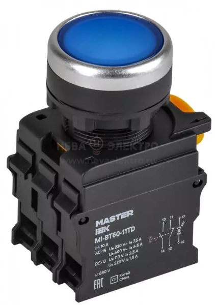 Кнопка d22мм 1НО+1НЗ MASTER с подсветкой и фиксацией син. IEK MI-BT60-11TD-3-11-K07