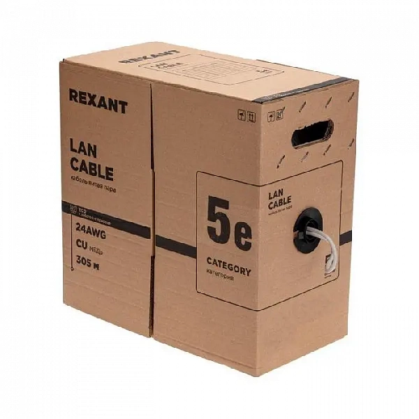 Кабель витая пара U/UTP кат.5E PVC 4PR 24AWG INDOOR SOLID сер. (уп.305м) РФ Rexant 01-0043-R