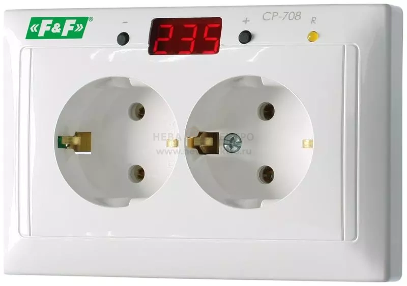 Реле напряжения CP-708 (однофазный; микропроцессорный; цифровая индикация напряжения; розеточный тип корпуса; для установки в монтажную коробку d60мм 150-300В 10А 1Z IP20) F&F EA04.009.008