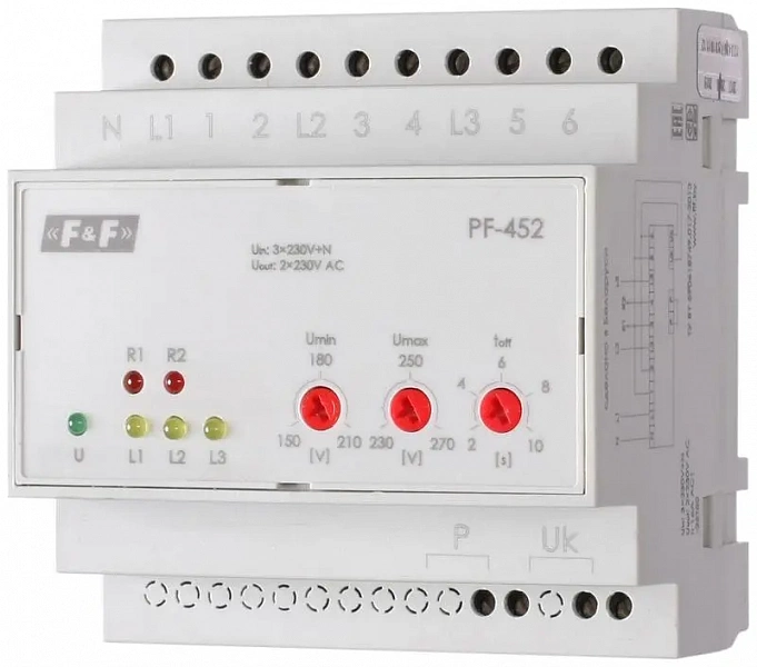Переключатель фаз PF-452 (два выхода для питания нагрузки; с регулируемыми верхними (230-260) и нижними (150-210) значениями напряжения переключения; монтаж на DIN-рейке 35мм 3х400/230+N 6х16A IP20) F&F EA04.005.004