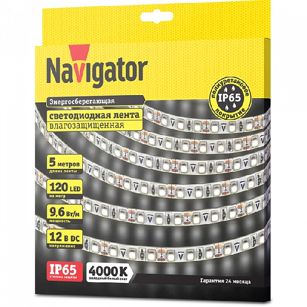 Лента светодиодная 71 409 NLS-3528W120-9.6 IP65 12B R5 9.6Вт/м (уп.5м) Navigator 71409