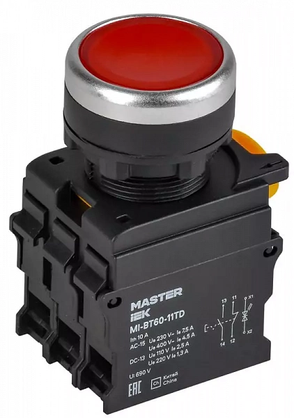 Кнопка d22мм 1НО+1НЗ MASTER с подсветкой и фиксацией красн. IEK MI-BT60-11TD-3-11-K04
