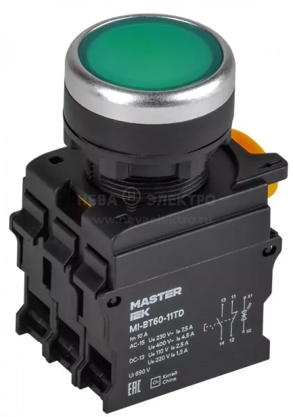 Кнопка d22мм 1НО+1НЗ MASTER с подсветкой и фиксацией зел. IEK MI-BT60-11TD-3-11-K06