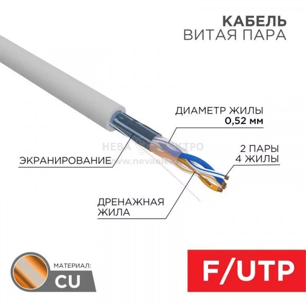 Кабель витая пара F/UTP кат.5e 2х2х24AWG LSZH нг(А)-HF INDOOR SOLID сер. (305м) PRO Rexant 02-0022