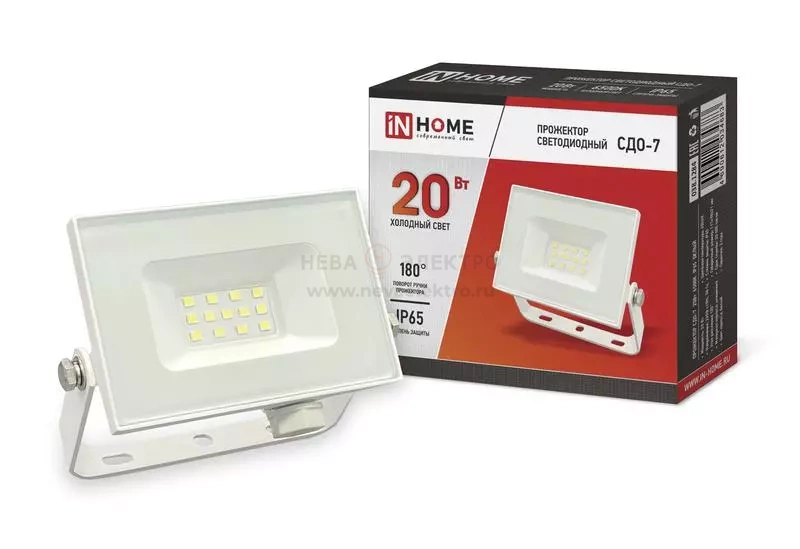 Прожектор светодиодный СДО-7 20Вт 6500К IP65 1800лм 230В бел. IN HOME 4690612034683