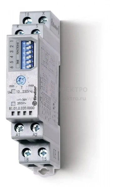 Таймер модульный мультифункциональный (AI DI SW SP BE DE EEb) функции SET RESET 12…240В AC/DC 1CO 16А 17.5мм регулировка времени 0.1с…10ч IP20 FINDER 810102300000