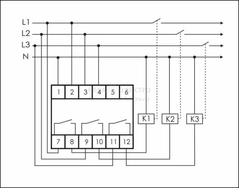 Реле напряжения CP-734 (трехфазное; контроль нижнего (150-210В) и верхнего (240-270В) порога напряжения; отдельный контакт на каждую фазу; монтаж на DIN-рейке 35мм 3х400/230 N 3х8А 3х1R IP20) F&F EA04.009.007