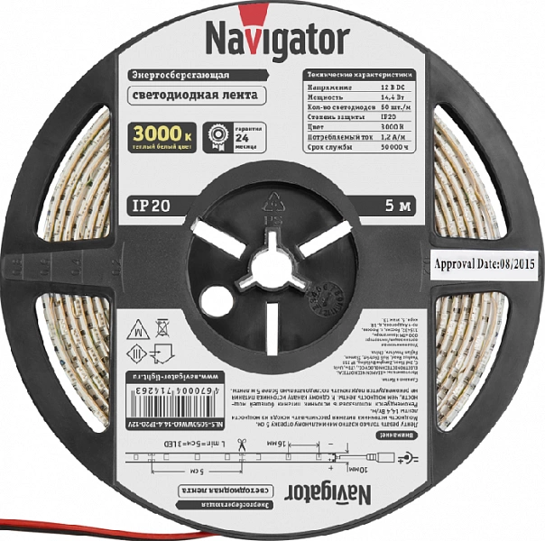 Лента светодиодная 71 426 NLS-5050WW60-14.4 IP20 12B R5 14.4Вт/м (уп.5м) Navigator 71426