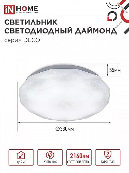 Светильник светодиодный DECO ДАЙМОНД 24Вт 4000К 2160лм 230В 330х55мм IN HOME 4690612033679