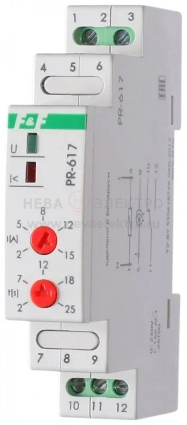 Реле тока PR-617 (диапазон 2-15А; с задержкой отключения; сквозной канал; монтаж на DIN-рейке 35мм 230В 16А 1Z IP20) F&F EA05.001.001