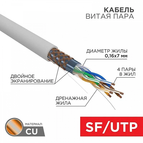 Кабель витая пара SF/UTP кат.5e 4х2х24AWG PVC INDOOR медь МЖ сер. (305м) Rexant 01-0343