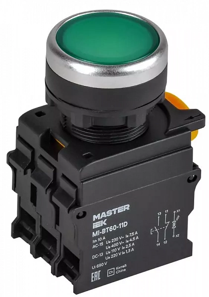 Кнопка d22мм 1НО+1НЗ MASTER с подсветкой зел. IEK MI-BT60-11D-3-12-K06