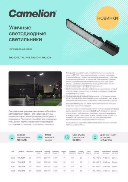 Светильник THL-1014 100Вт 5700К IP65 12000лм 220-240В 385х136х24 КСС "Ш" 1/10 НПВ уличный Camelion 16367