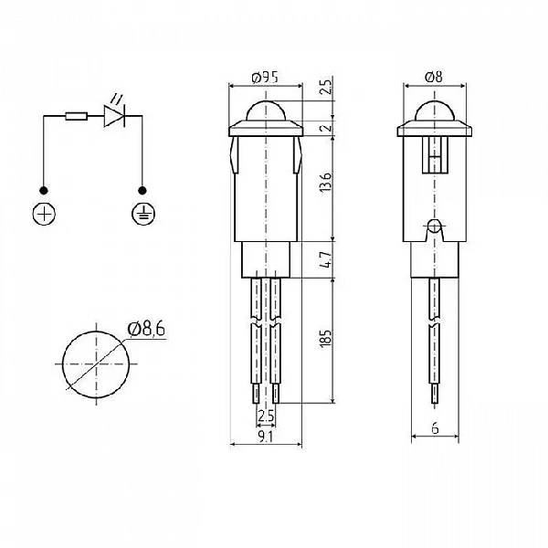 Индикатор малый d8 12В с проводом красн. LED (WL-04) Rexant 36-4710