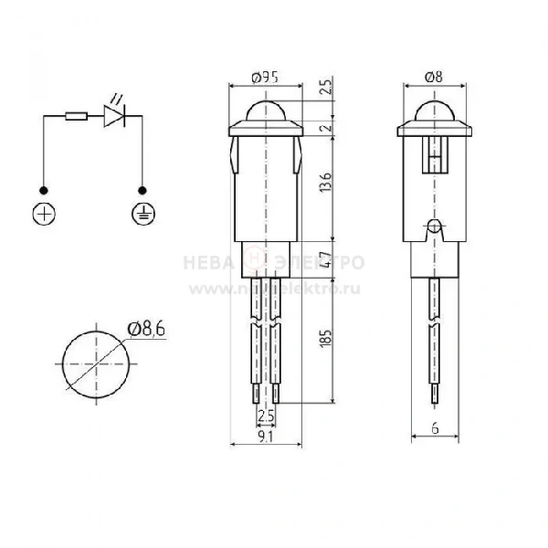 Индикатор малый d8 12В с проводом красн. LED (WL-04) Rexant 36-4710