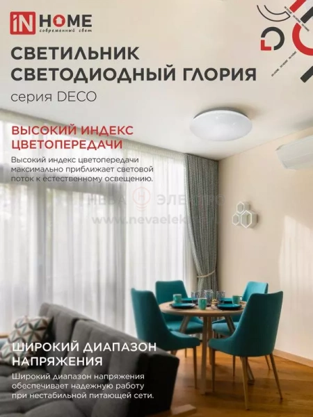 Светильник светодиодный DECO ГЛОРИЯ 12Вт 6500К 1080лм 230В 210х65мм IN HOME 4690612022222