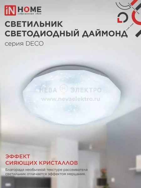 Светильник светодиодный DECO ДАЙМОНД 48Вт 6500К 3120лм 230В 377х73мм IN HOME 4690612038681