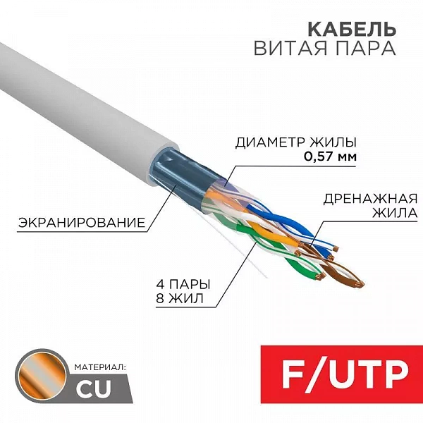 Кабель витая пара F/UTP кат.6 4х2х23AWG LSZH нг(А)-HF INDOOR SOLID CU сер. (305м) Rexant 01-0167