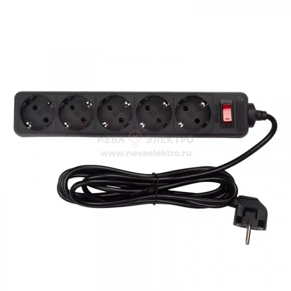 Удлинитель с сетевым фильтром 5х3м с заземл. 10А IP20 FOP-05GS-300 2.2кВт ПВС 3х0.75 с выкл. черн. ФАZА 5007642