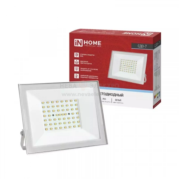 Прожектор светодиодный СДО-7 70Вт 6500К IP65 230В бел. IN HOME 4690612064383