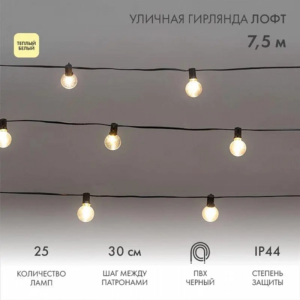 Гирлянда "Лофт" 7.5м 25 прозр. ламп тепл. бел. 2.5Вт IP44 уличная влагостойкая провод ПВХ черн Neon-Night 331-358