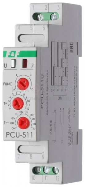 Реле времени PCU-511U 8А 12-264В AC/DC 1 перекл. IP20 многофункц. монтаж на DIN-рейке F&F EA02.001.011